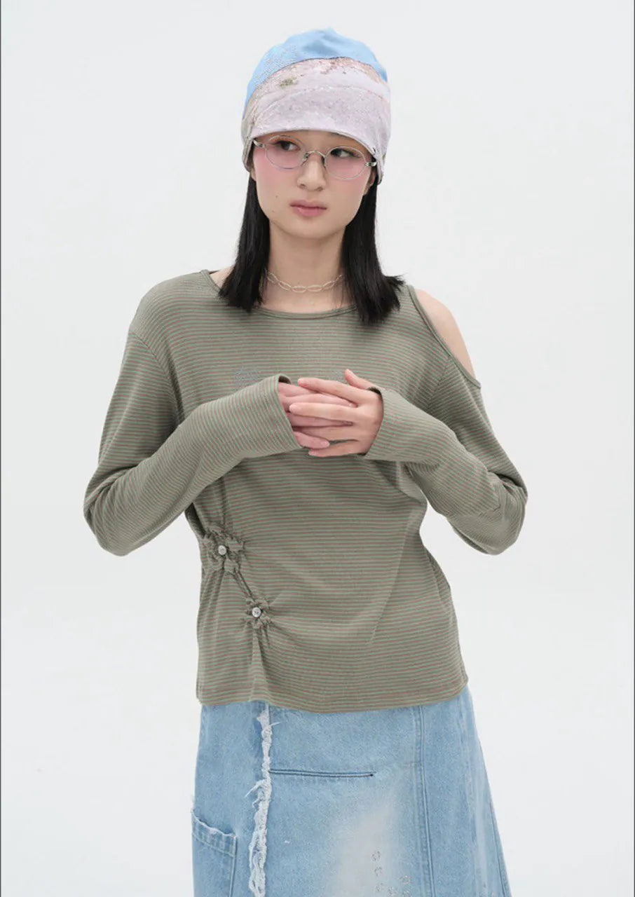 【typeservice】Flower Button Cut Out Top [Gray / Green]