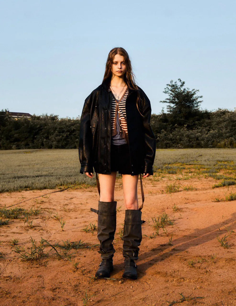 【NEGATIVETHREE】Knee-High Slouchy Long Boots[Dusty Grey]