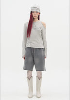 【typeservice】Flower Button Cut Out Top [Gray / Green]