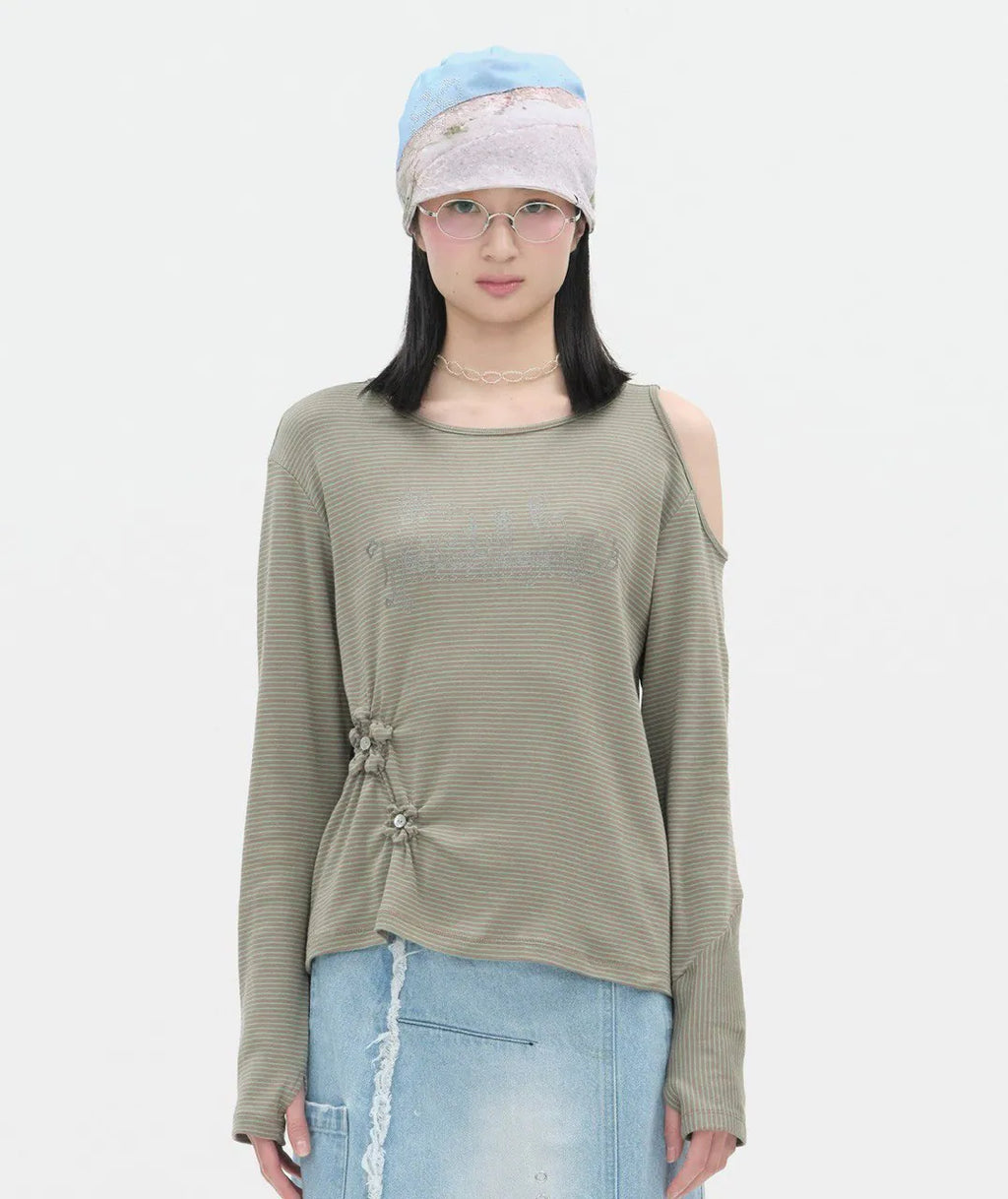【typeservice】Flower Button Cut Out Top [Gray / Green]