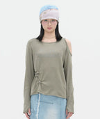 【typeservice】Flower Button Cut Out Top [Gray / Green]