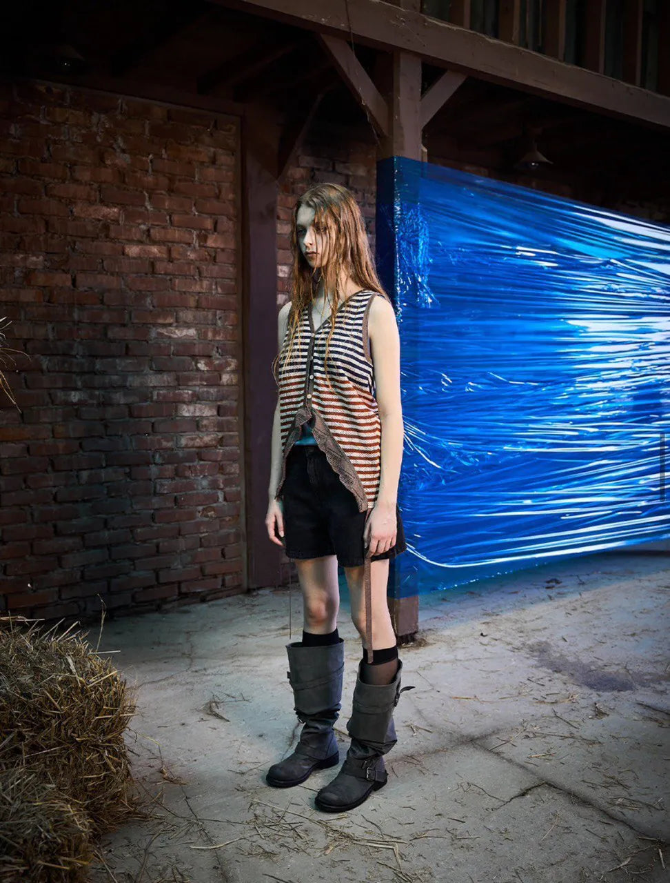 【NEGATIVETHREE】Knee-High Slouchy Long Boots[Dusty Grey]