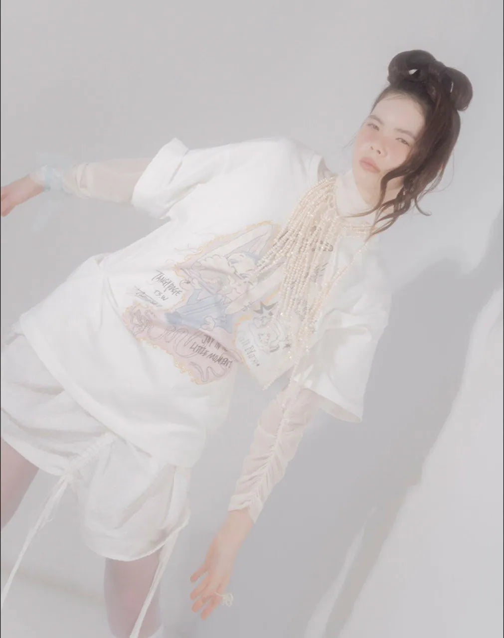 【typeservice】Rabbit Ruched Top [White / Charcoal]
