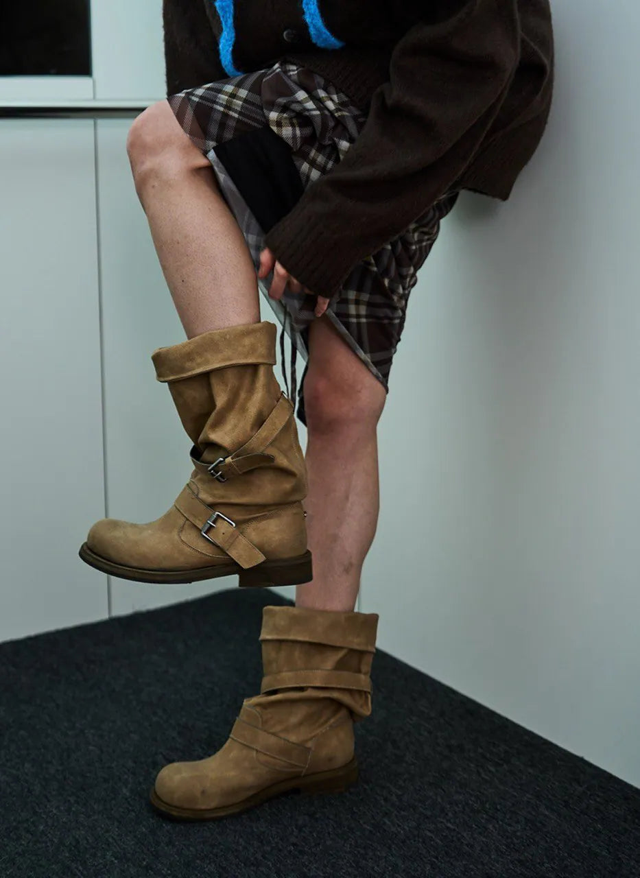 【NEGATIVETHREE】Slouchy Long Boots [Washed Beige]