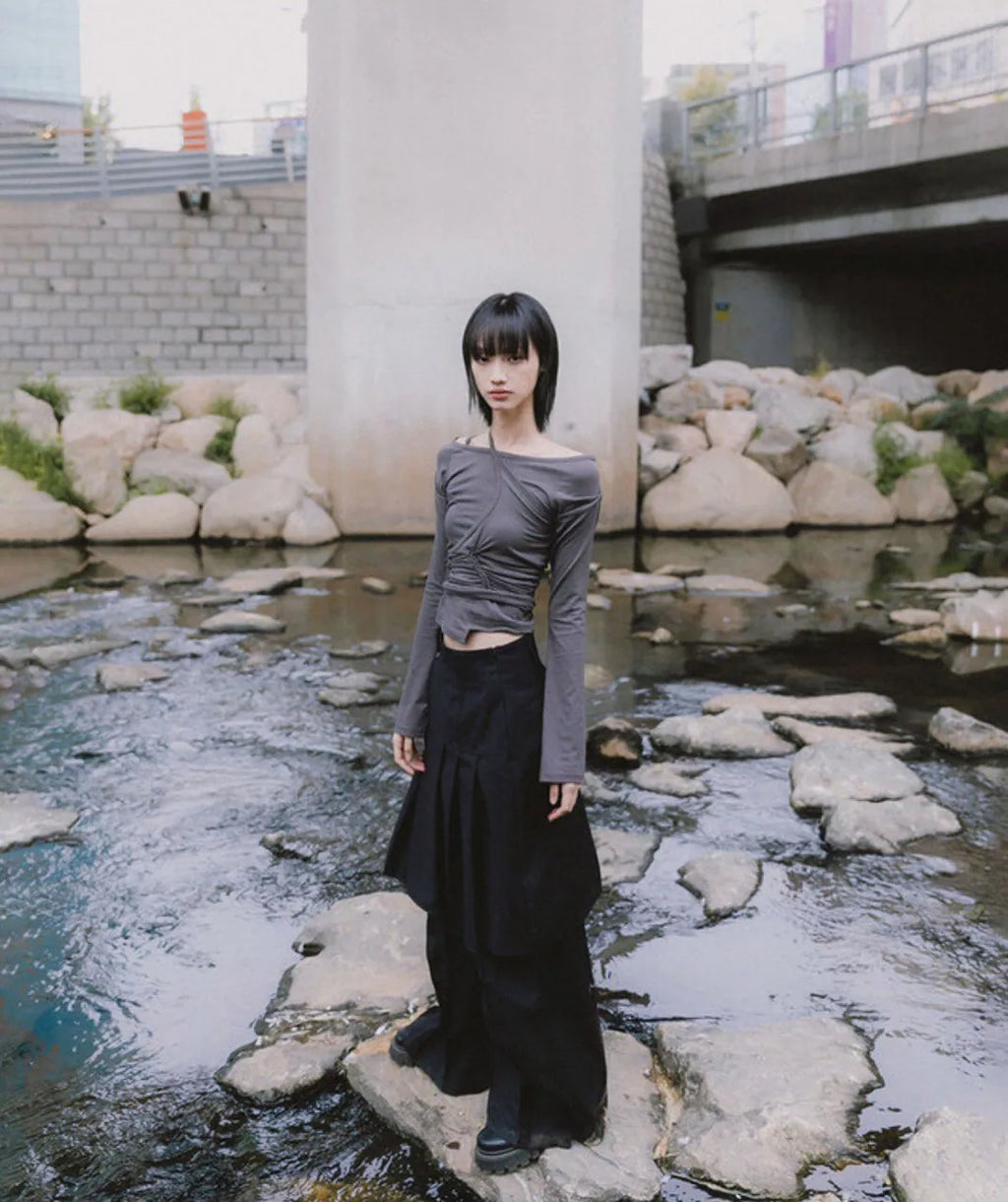 【Flare up】Handmade Twisted Layered Long Sleeve [Black / Charcoal / White]