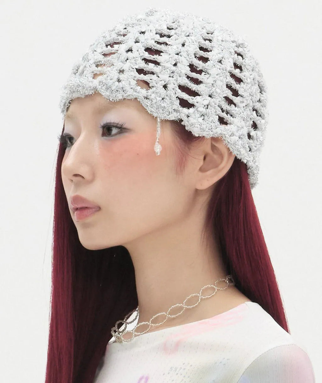 【typeservice】Shimmery Beaded Strap Beanie [Silver]