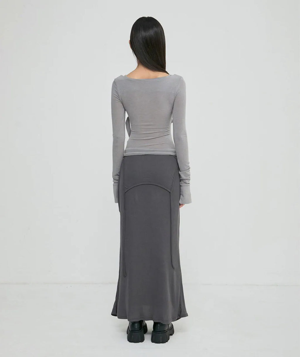 【Flare up】 Asymmetrical Draped Long Skirt [Black / Charcoal]