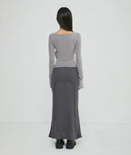 【Flare up】 Asymmetrical Draped Long Skirt [Black / Charcoal]