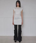 【Flare up】Asymmetrical Draped Strap Roll-Up Dress [Black / White / Gray]