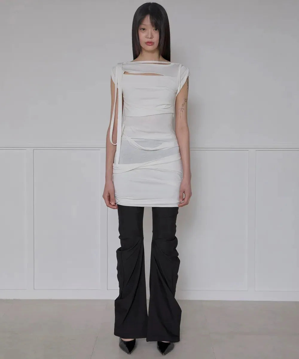 【Flare up】Asymmetrical Draped Strap Roll-Up Dress [Black / White / Gray]