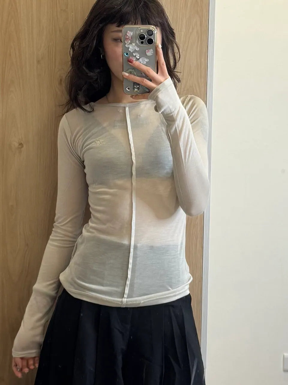 【Fancy Club】3-WAY DOT LAYERED LONG SLEEVE [Beige / Gray]