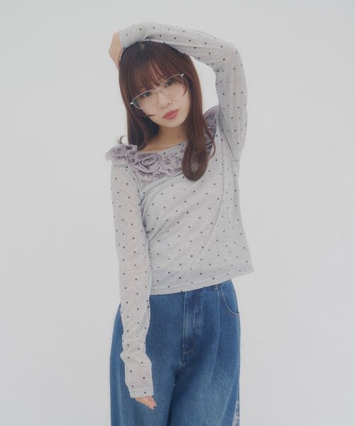 立體玫瑰花透明感薄長袖 - 4 colors