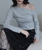 【VACANCY】金屬排扣斜肩條文薄長袖 - 3 colors