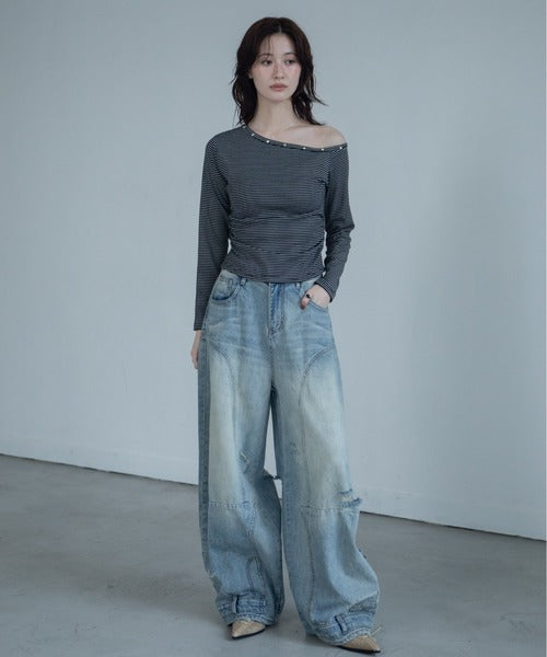 【VACANCY】金屬排扣斜肩條文薄長袖 - 3 colors