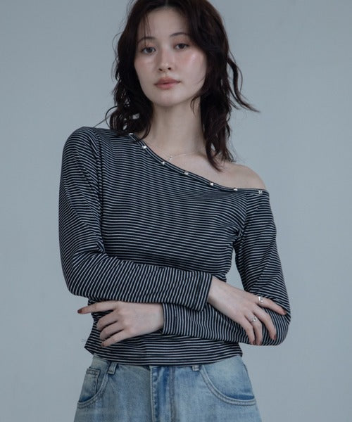 【VACANCY】金屬排扣斜肩條文薄長袖 - 3 colors