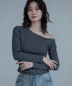 【VACANCY】金屬排扣斜肩條文薄長袖 - 3 colors