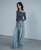 【VACANCY】金屬排扣斜肩條文薄長袖 - 3 colors