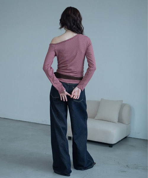 【VACANCY】金屬排扣斜肩條文薄長袖 - 3 colors