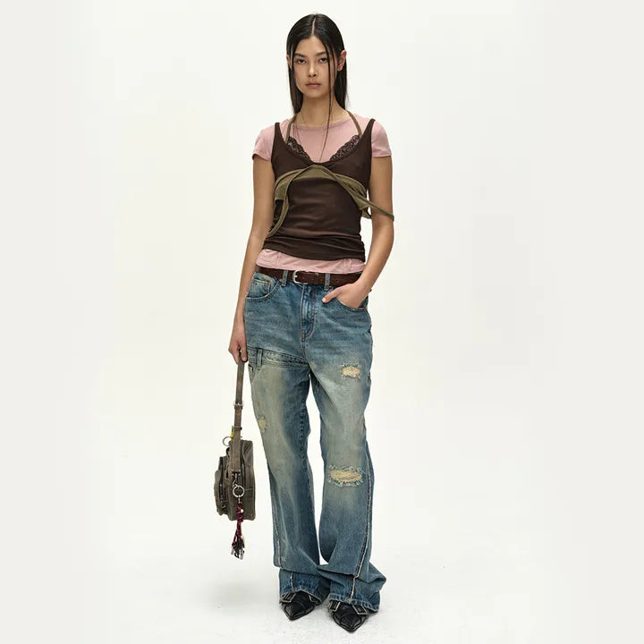 【ADSB】UPSIDE-DOWN LAYERED T-SHIRT