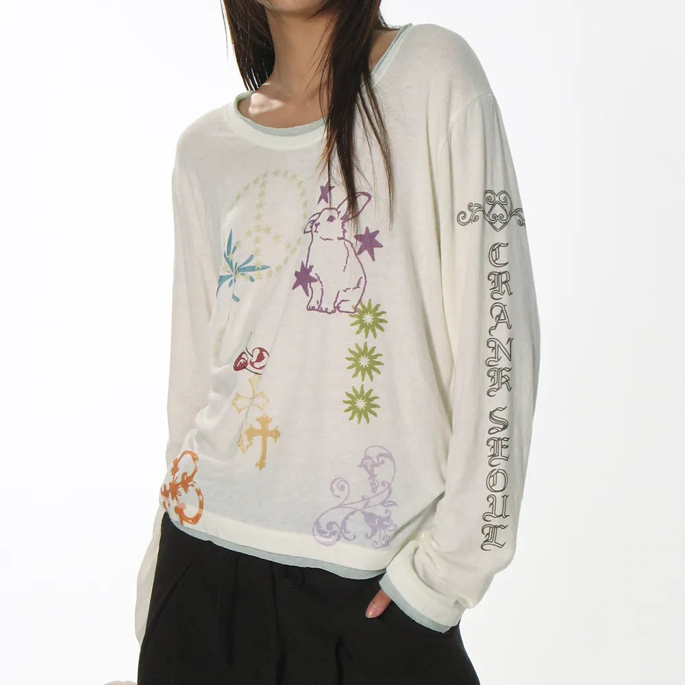 【CRANK】TATTOO LAYERED TOP [ ivory / blue / pink ]
