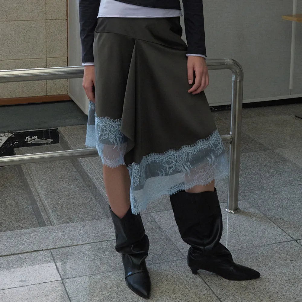 【kijun】SATIN LACE MIDI SKIRT [Black / Charcoal]