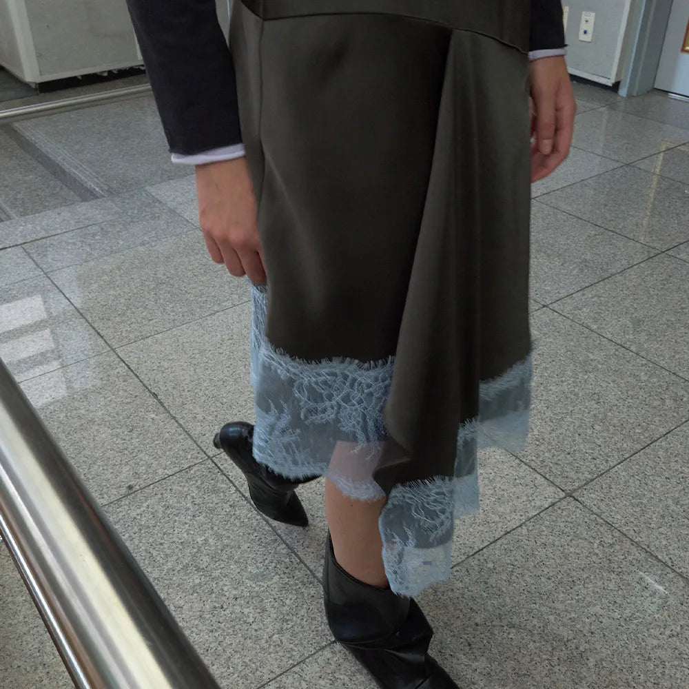 【kijun】SATIN LACE MIDI SKIRT [Black / Charcoal]