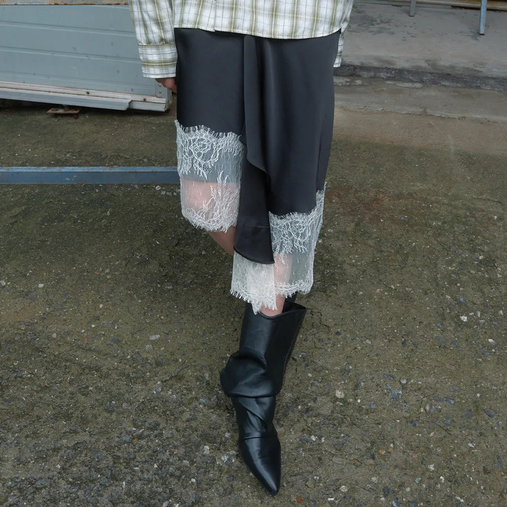 【kijun】SATIN LACE MIDI SKIRT [Black / Charcoal]