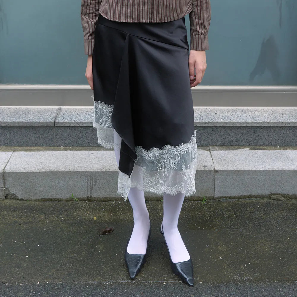【kijun】SATIN LACE MIDI SKIRT [Black / Charcoal]