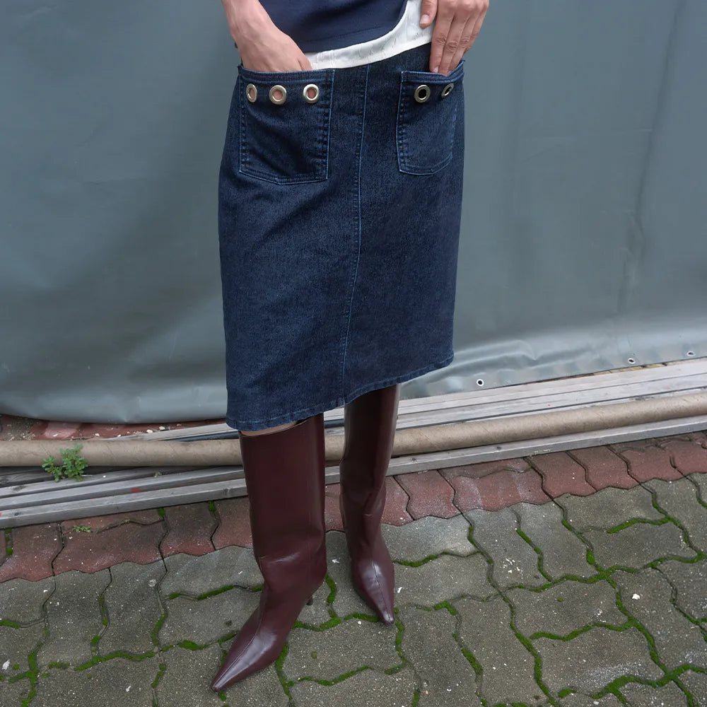 【kijun】WASHED VELVET EYELET MIDI SKIRT [ Brown / Navy ]