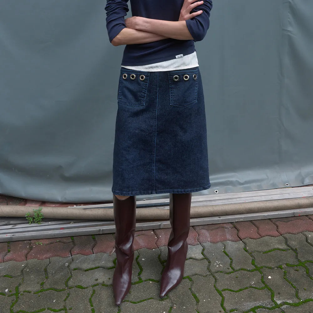 【kijun】WASHED VELVET EYELET MIDI SKIRT [ Brown / Navy ]