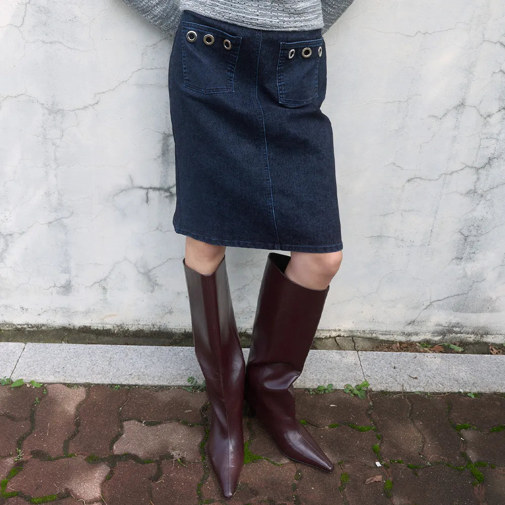 【kijun】WASHED VELVET EYELET MIDI SKIRT [ Brown / Navy ]