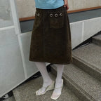 【kijun】WASHED VELVET EYELET MIDI SKIRT [ Brown / Navy ]
