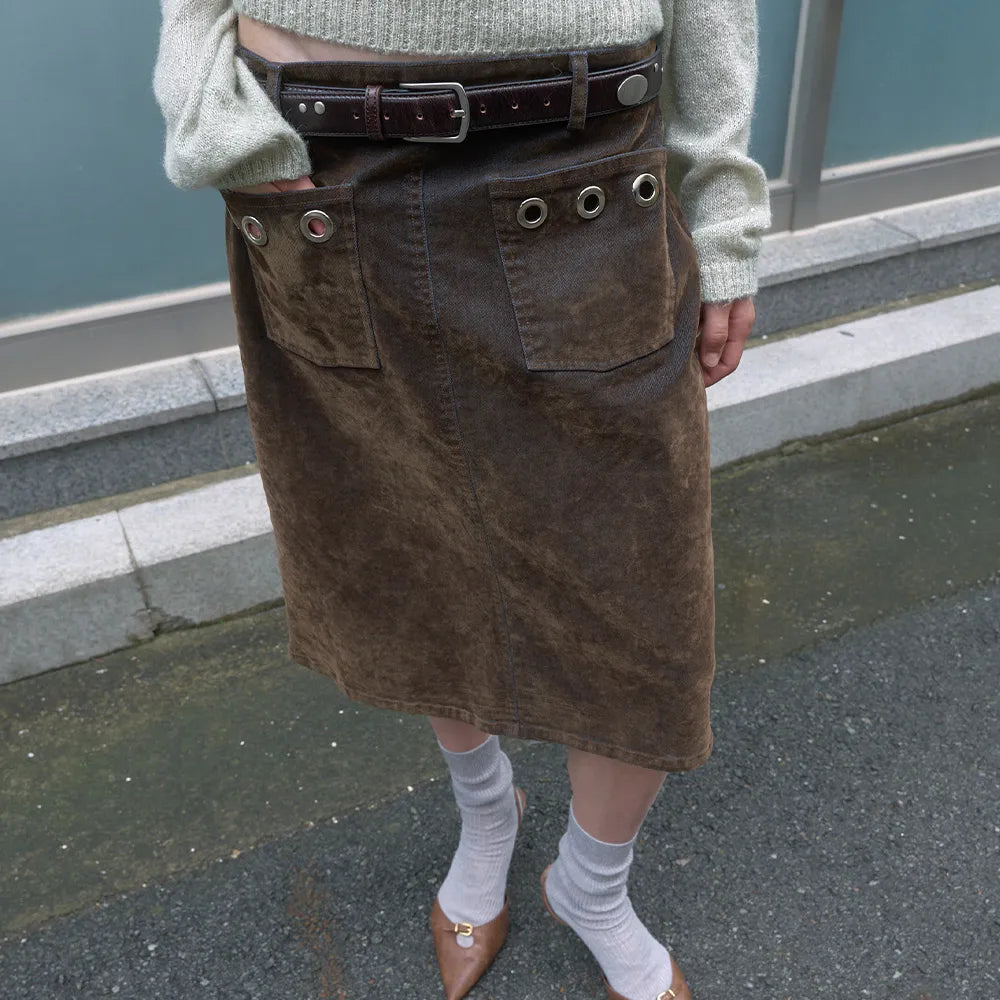 【kijun】WASHED VELVET EYELET MIDI SKIRT [ Brown / Navy ]