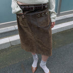 【kijun】WASHED VELVET EYELET MIDI SKIRT [ Brown / Navy ]