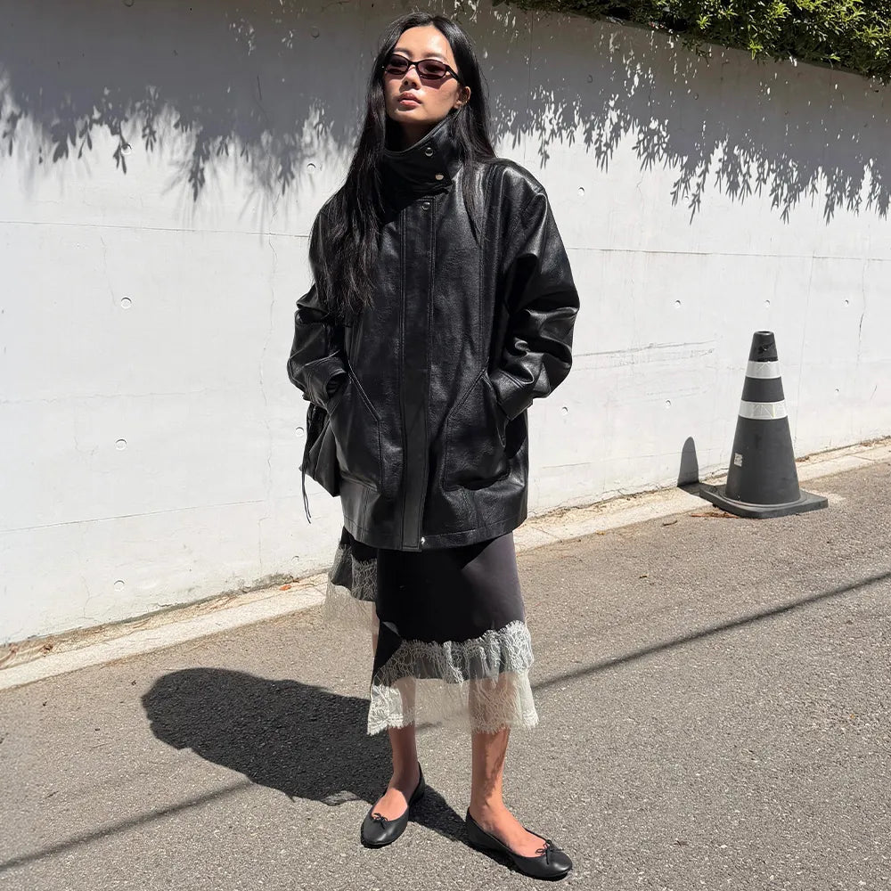 【kijun】SATIN LACE MIDI SKIRT [Black / Charcoal]