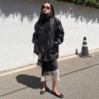 【kijun】SATIN LACE MIDI SKIRT [Black / Charcoal]