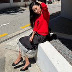 【kijun】SATIN LACE MIDI SKIRT [Black / Charcoal]