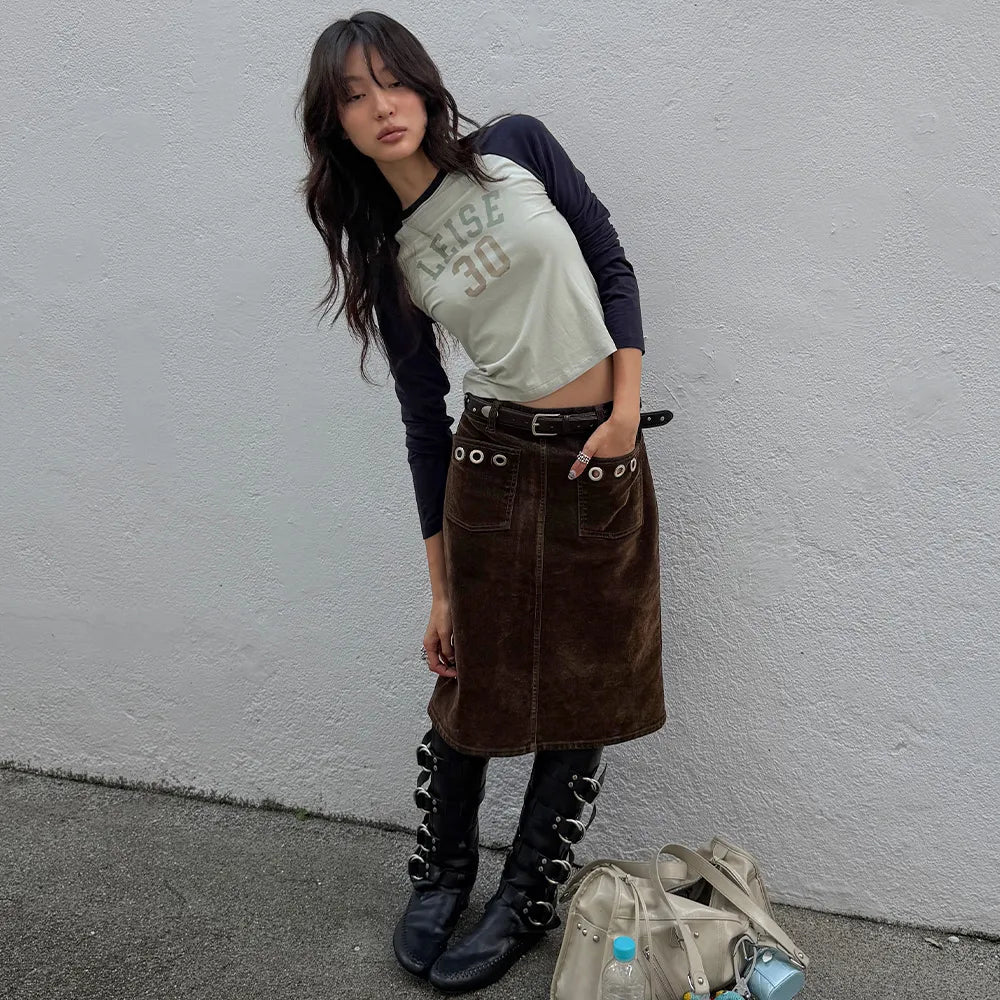 【kijun】WASHED VELVET EYELET MIDI SKIRT [ Brown / Navy ]