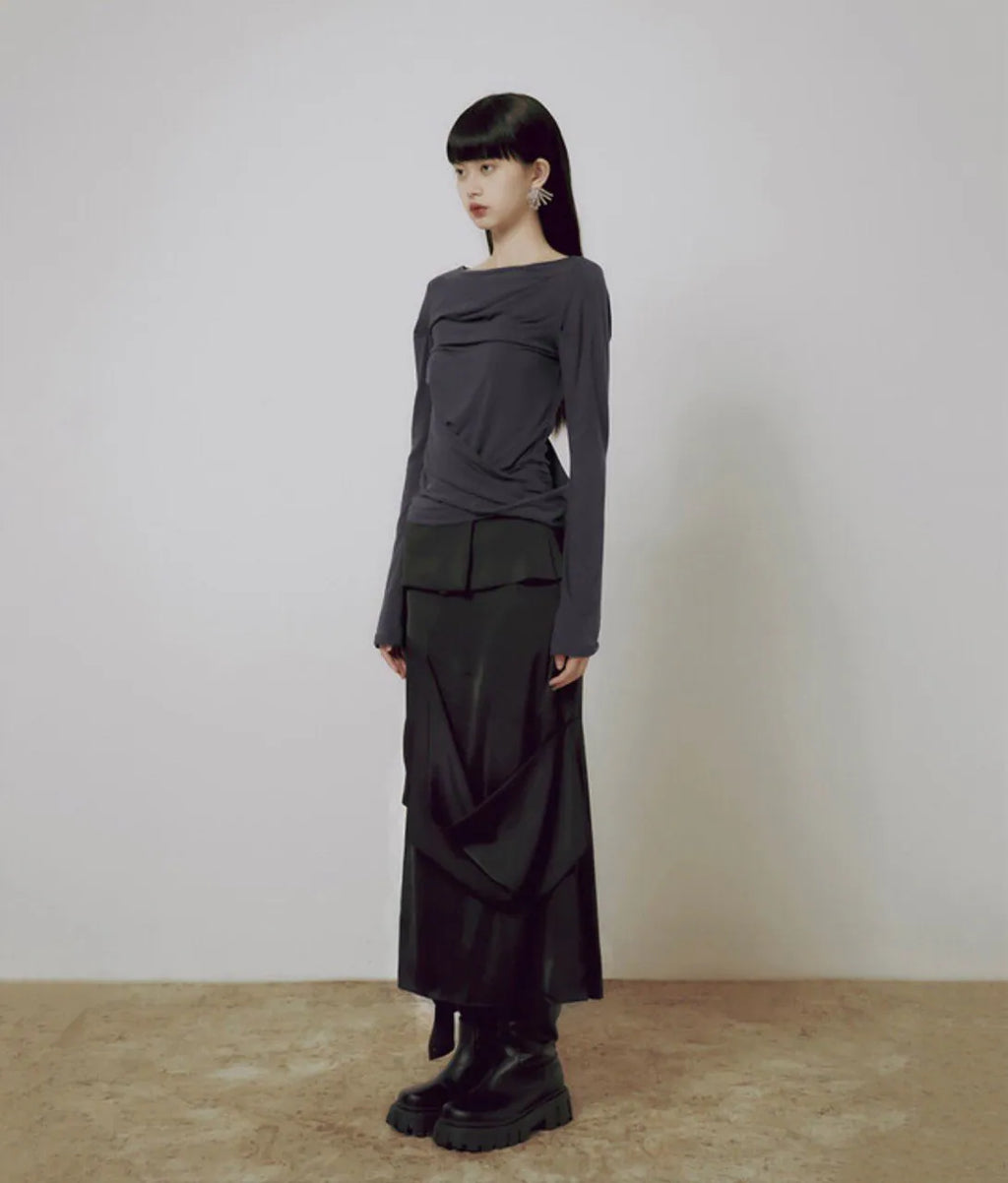 【Flare up】Drape Layered Maxi Skirt [Black]
