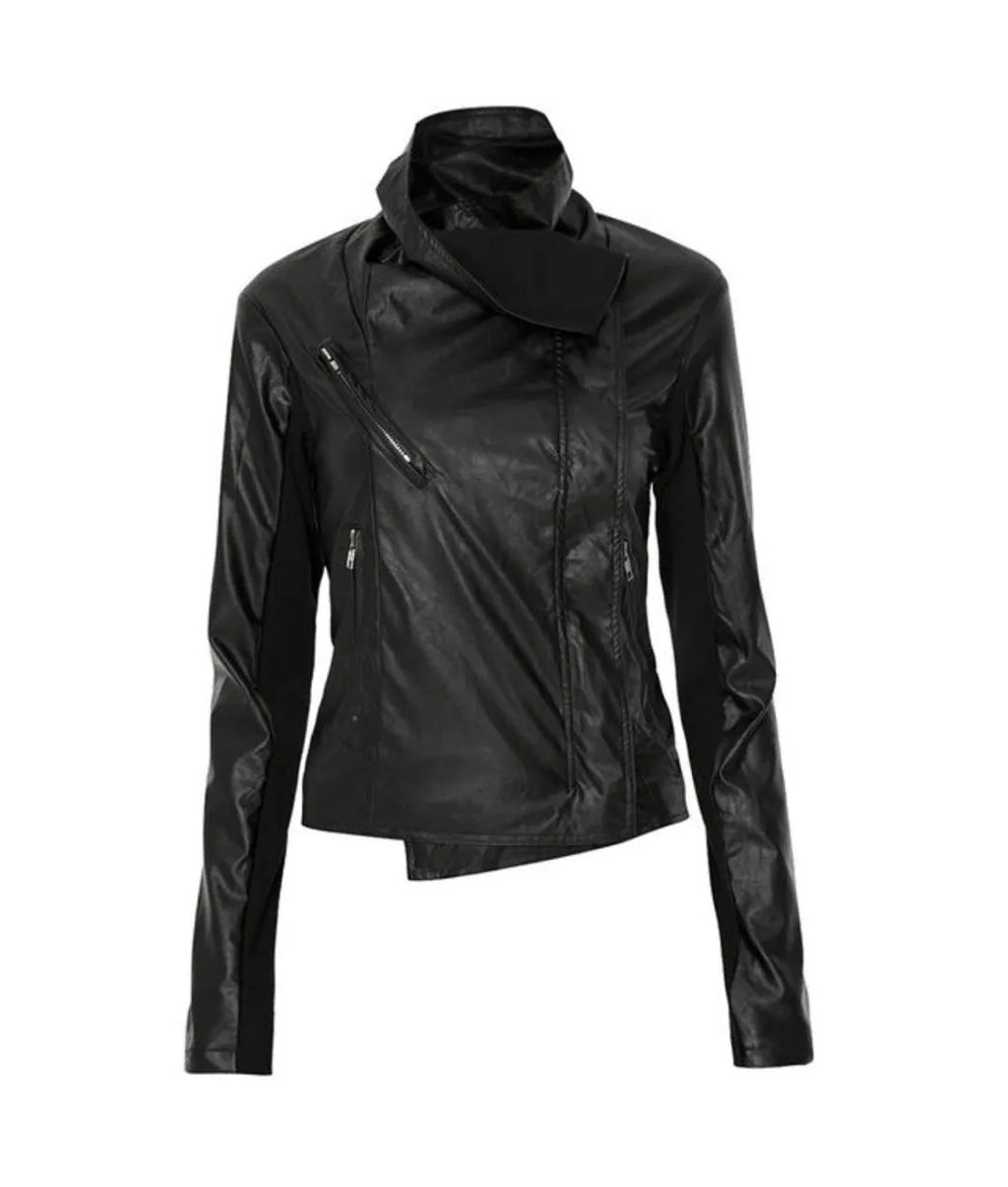 【Flare up】Asymmetrical Biker Leather Jacket [Leather / Black]