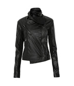 【Flare up】Asymmetrical Biker Leather Jacket [Leather / Black]