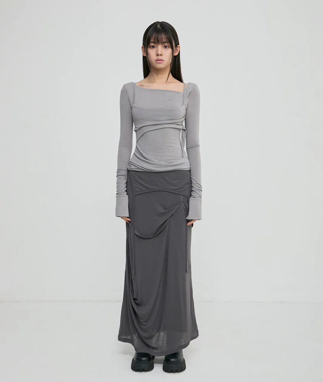 【Flare up】Layered Bustier Long Sleeve [Black / Grey / Charcoal / White]