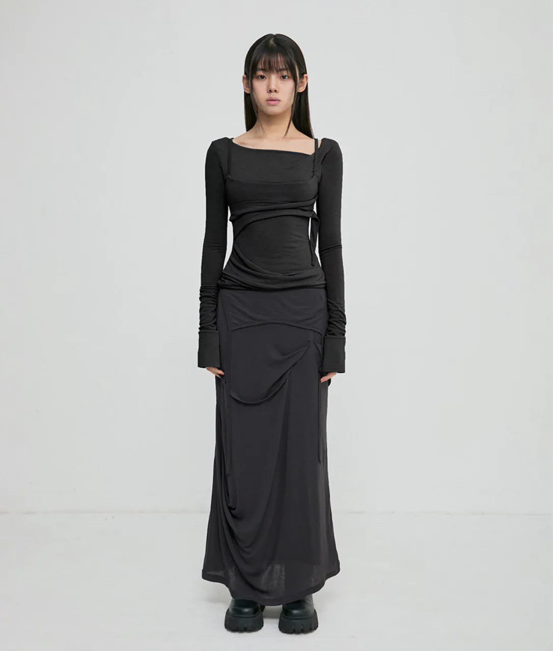 【Flare up】Layered Bustier Long Sleeve [Black / Grey / Charcoal / White]