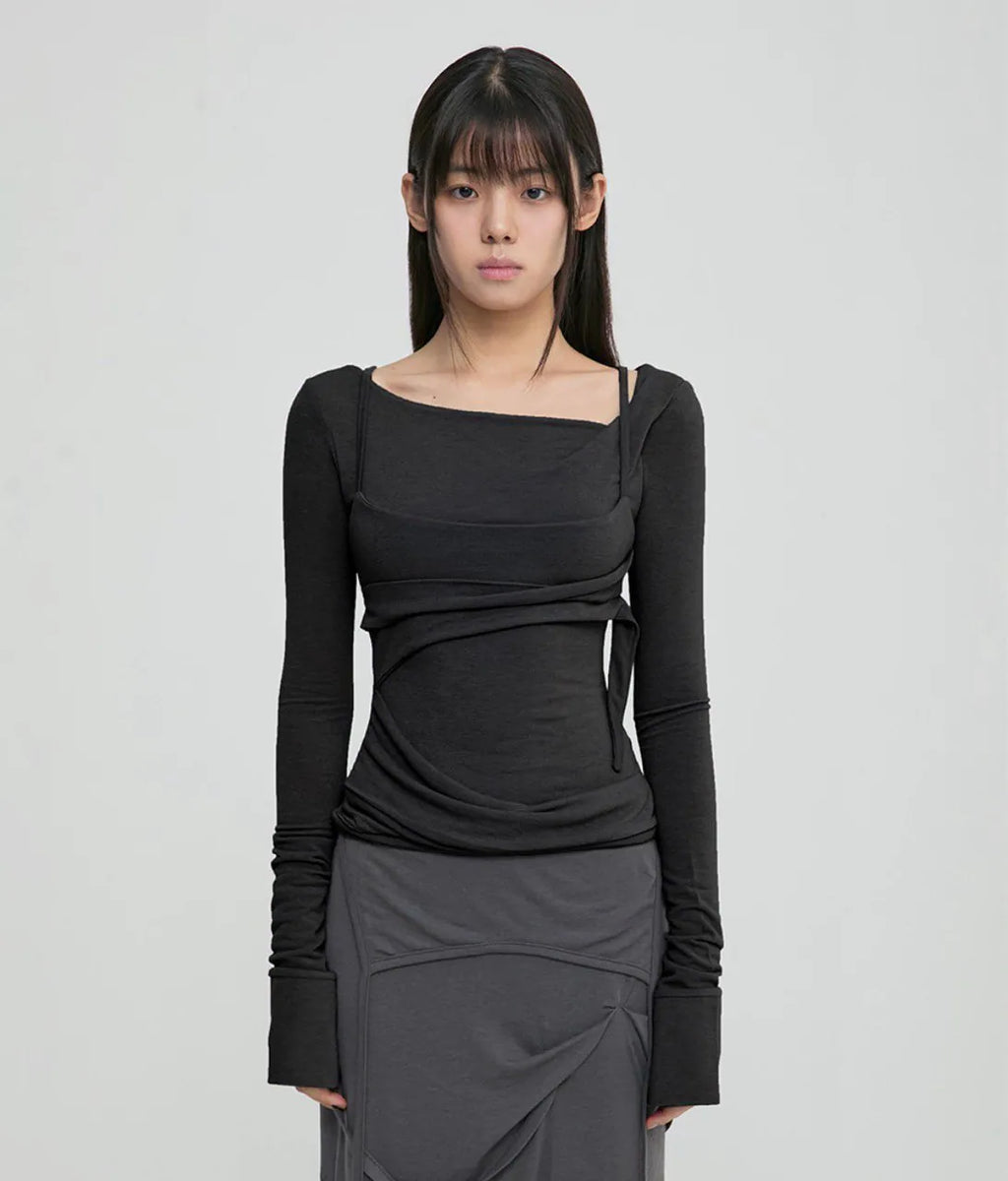 【Flare up】Layered Bustier Long Sleeve [Black / Grey / Charcoal / White]