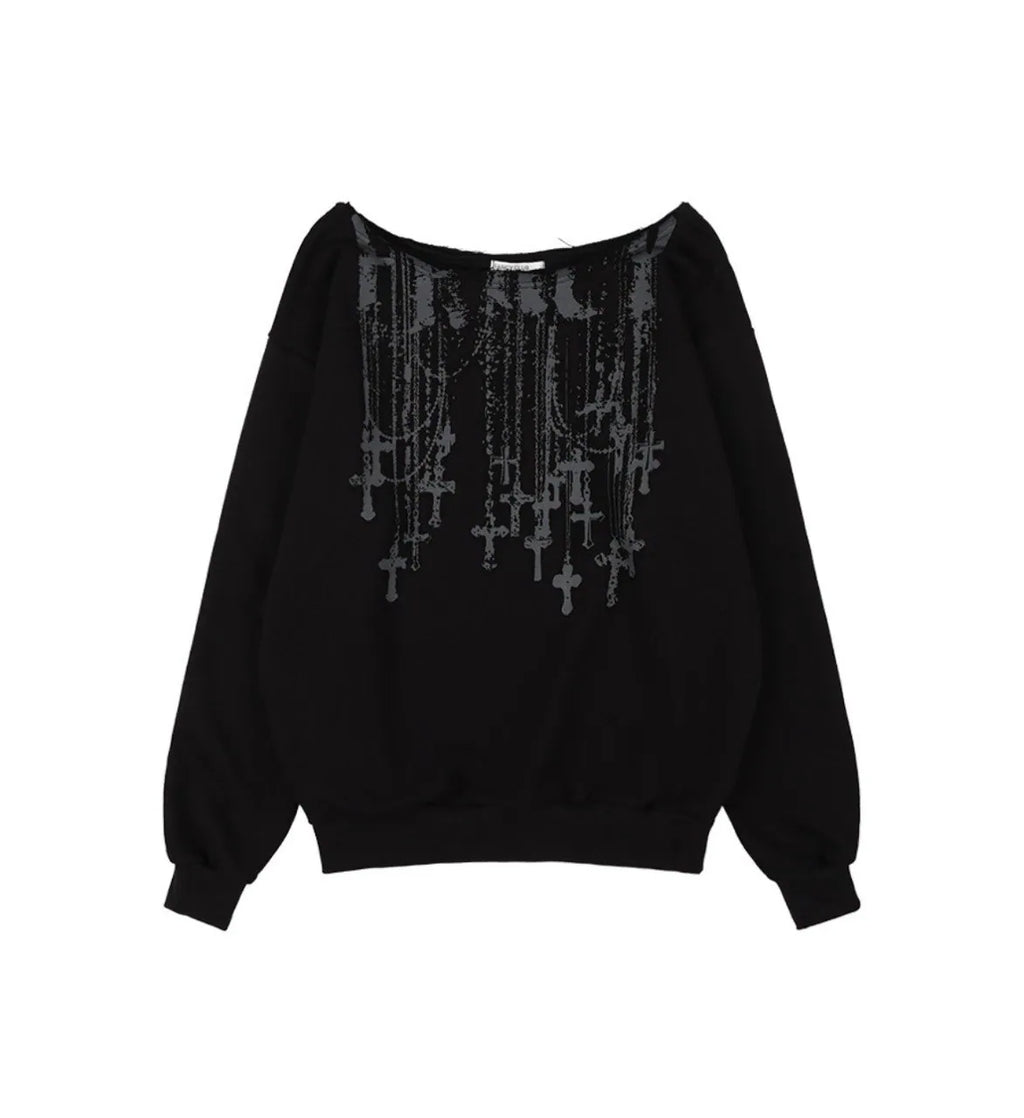 【Fancy Club】NECKLISS ONE-SHOULDER SWEATSHIRT [Gray / Black]
