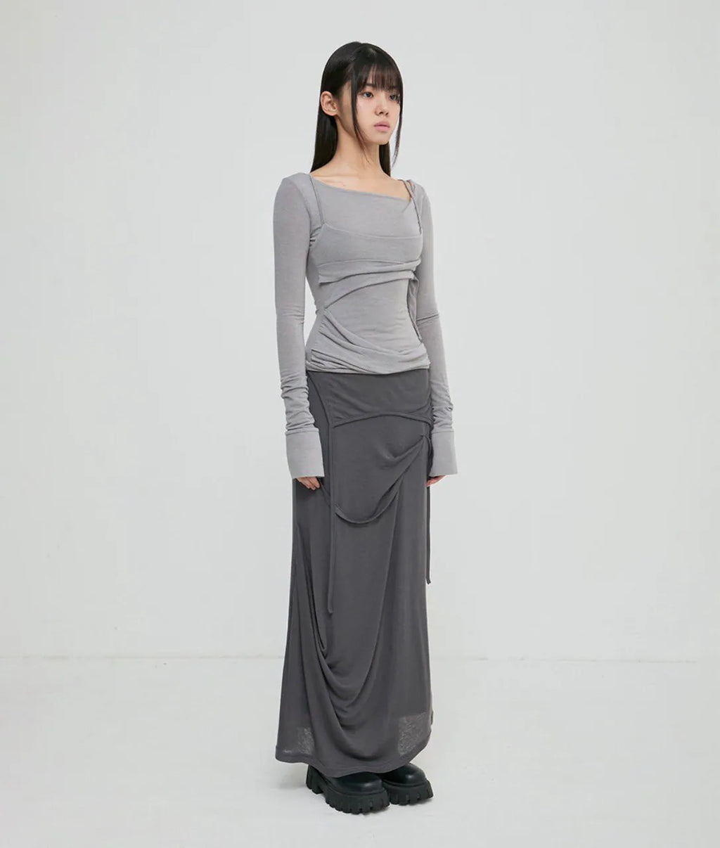 【Flare up】 Asymmetrical Draped Long Skirt [Black / Charcoal]