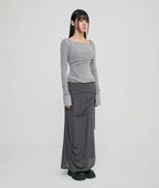 【Flare up】 Asymmetrical Draped Long Skirt [Black / Charcoal]