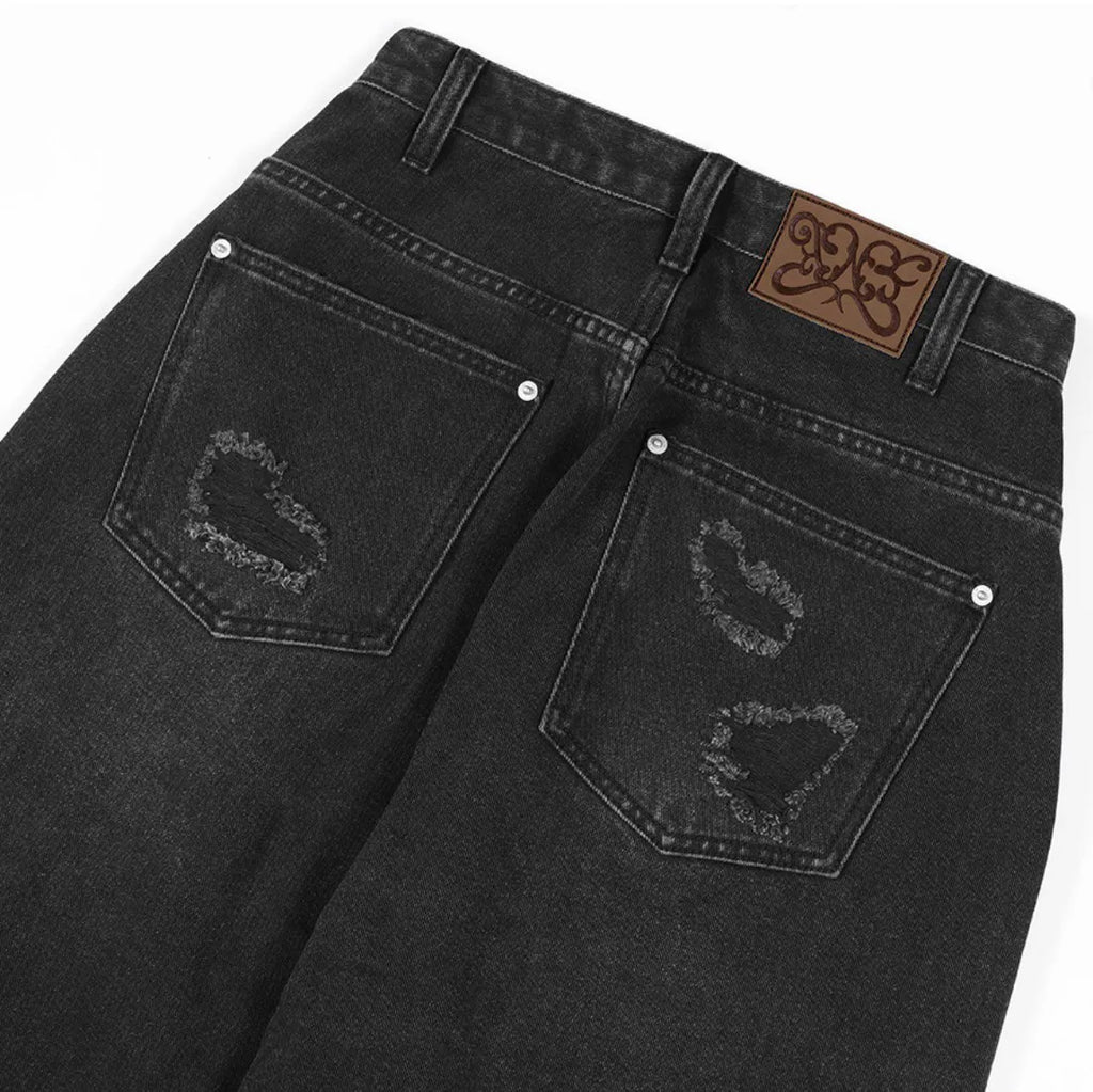 【Fancy Club】 WASHED DAMAGE DENIM PANTS [Black / Gray]