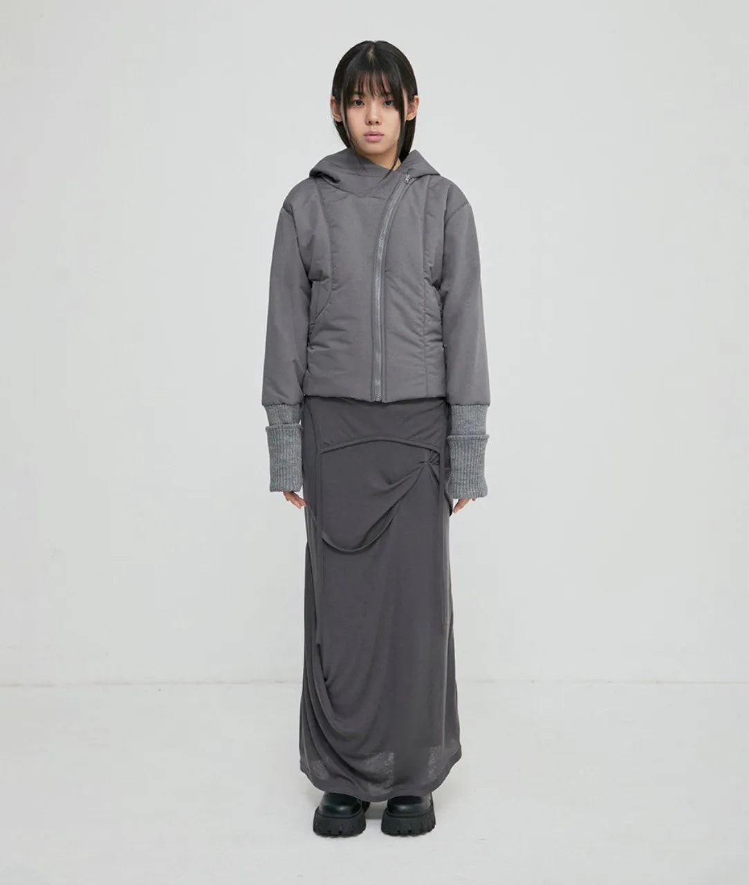 【Flare up】 Asymmetrical Draped Long Skirt [Black / Charcoal]