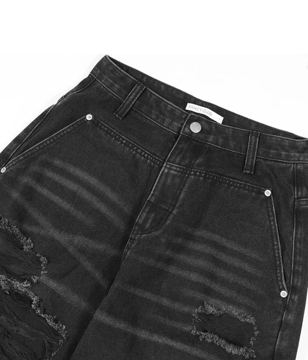 【Fancy Club】 WASHED DAMAGE DENIM PANTS [Black / Gray]
